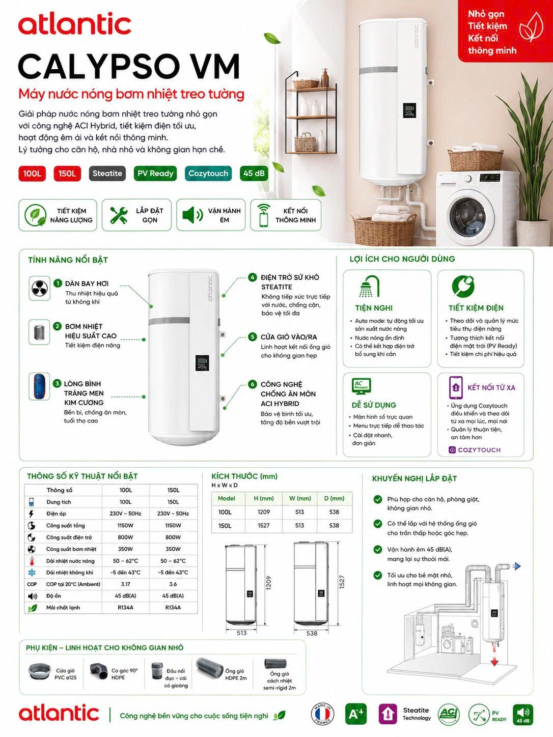 Máy bơm nhiệt treo tường Calypso VM công suất 100L/h ATLANTIC 8 Brochure tóm tắt đủ thông tin máy nước nóng trung tâm Heat Pump Atlantic Calypso VM