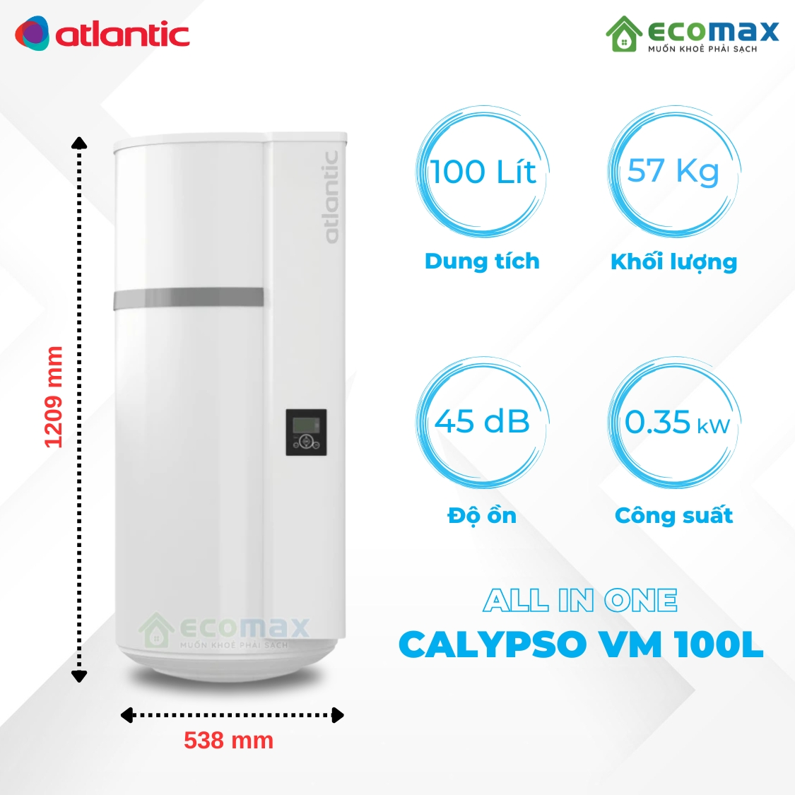 Máy bơm nhiệt treo tường Calypso VM công suất 100L/h ATLANTIC 7 Máy nước nóng trung tâm Heat Pump treo tường Atlantic Calypso VM 100 Lít