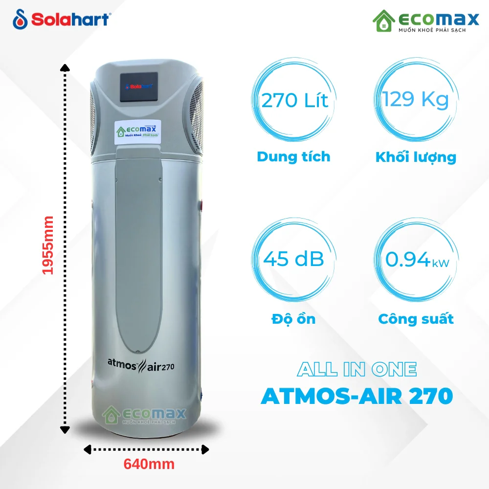Máy nước nóng bơm nhiệt heat pump Solahart Atmos Air 270L 7 Máy nước nóng trung tâm Solahart Atmos Air 270 Lít Ecomax