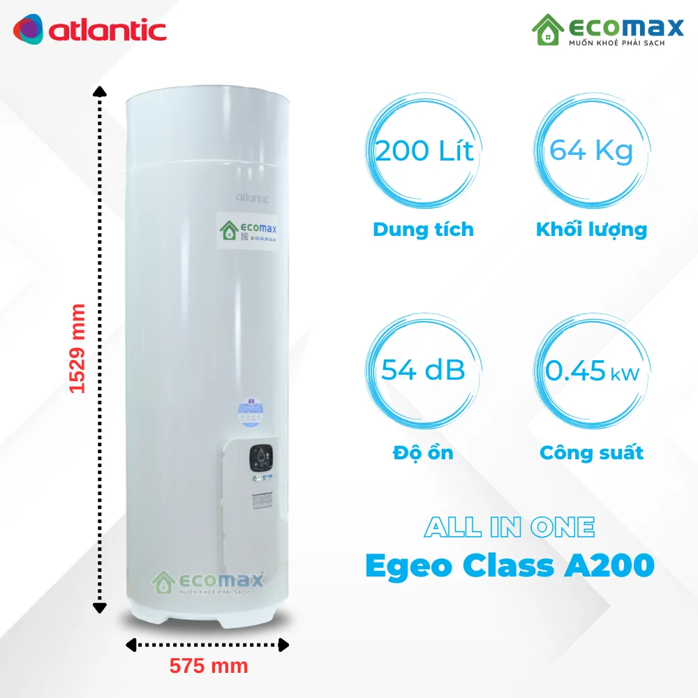 Thông số cơ bản Máy nước nóng trung tâm Heat Pump Atlantic 200 Lít Egeo Class
