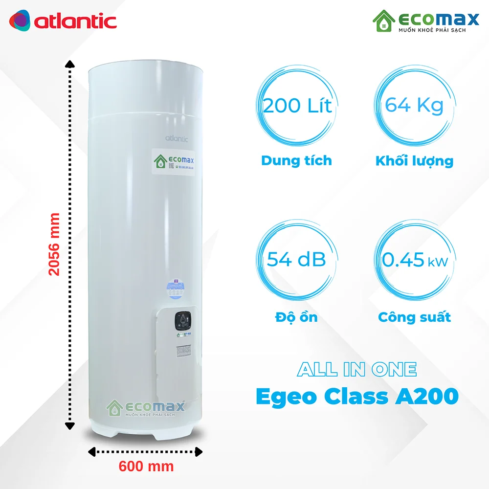 Thông số cơ bản Máy nước nóng trung tâm Heat Pump Atlantic 200 Lít Egeo Class