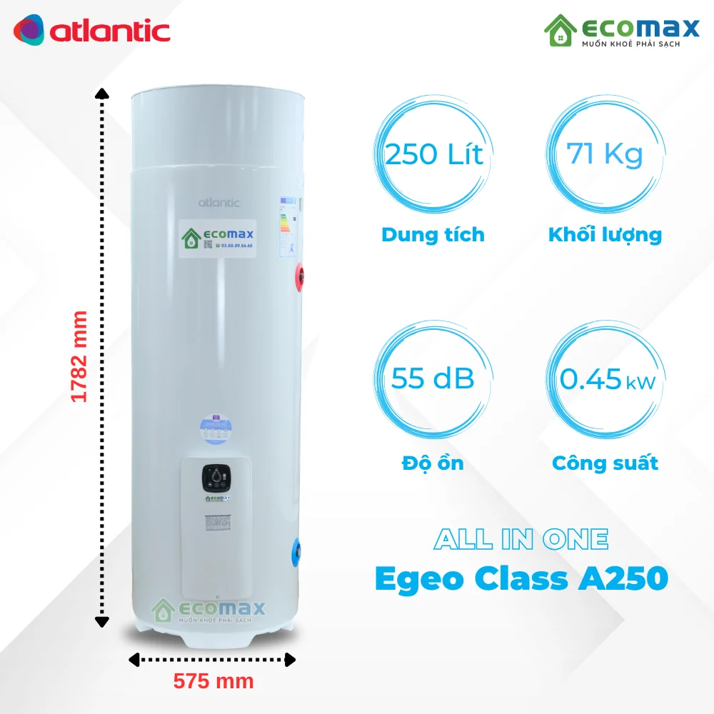 Máy nước nóng bơm nhiệt Heat Pump Atlantic Egeo Class A 250 lít WIFI 4 Thông số cơ bản Máy nước nóng trung tâm Heat Pump Atlantic 250 Lít Egeo Class