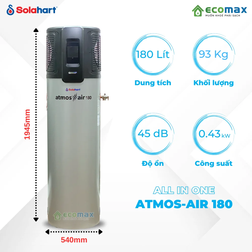 Máy nước nóng bơm nhiệt heat pump Solahart Atmos Air 180L 7 Máy nước nóng trung tâm Solahart Atmos Air 180 Lít Ecomax