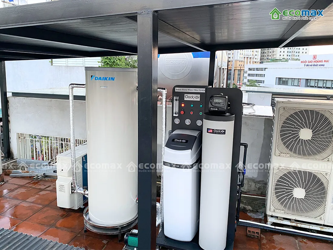 Thiết kế lắp đặt máy nước nóng bơm nhiệt Heat Pump Daikin 315 Lít kết hợp lọc nước đầu nguồn Clack tại Hoàng Mai - Hà Nội