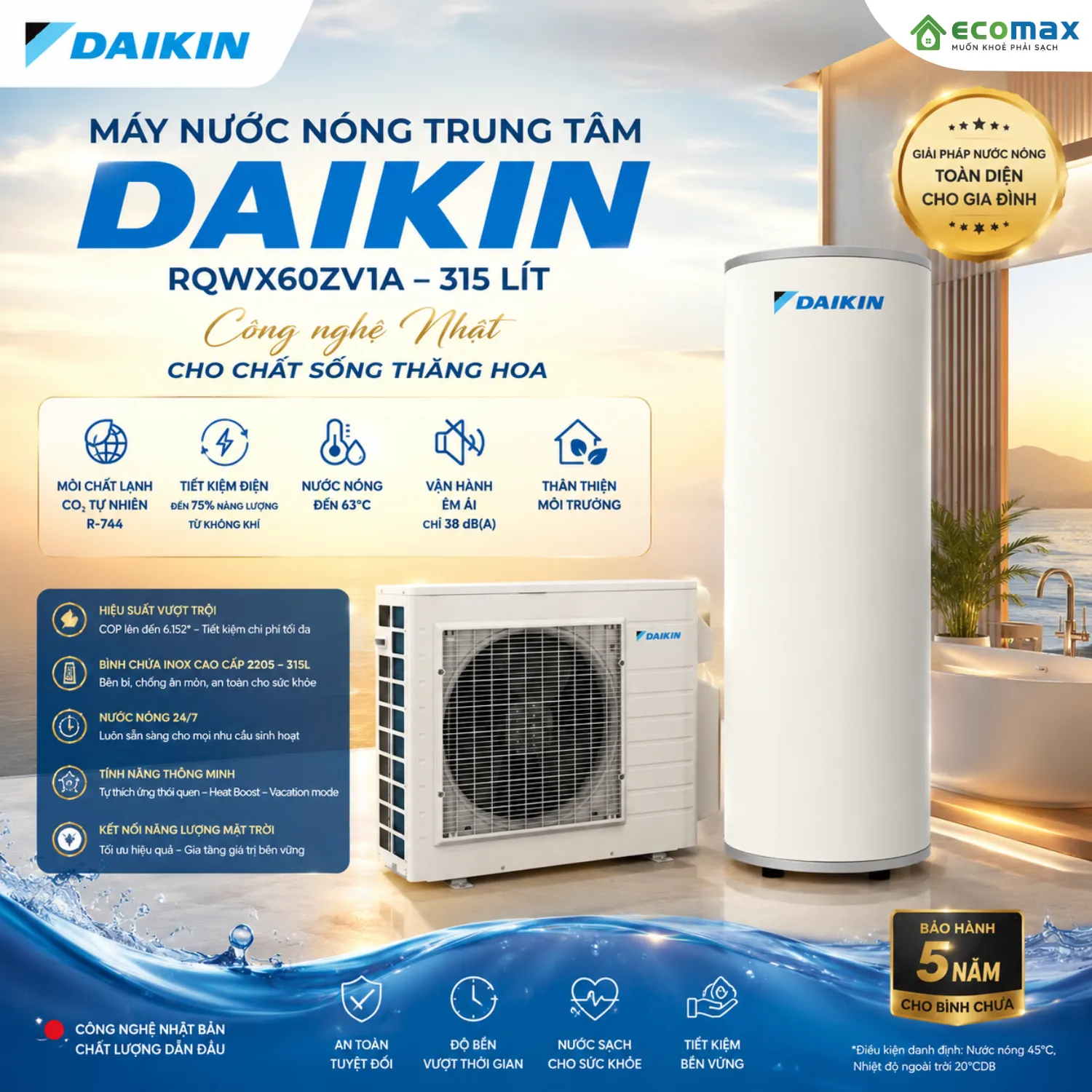 Máy bơm nhiệt Heat Pump Daikin 315 Lít RQWX60ZV1A Chính Hãng và Bảo Hành Lâu Dài 7 Ưu điểm Máy bơm nhiệt Heat Pump Daikin 315 Lít