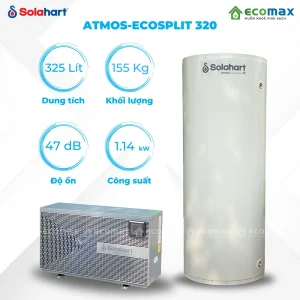 Máy bơm nhiệt Solahart Atmos Eco Split 325 lít gồm bình chứa và cục bơm nhiệt, độ ồn 47 dB, công suất điện 1,14 kW