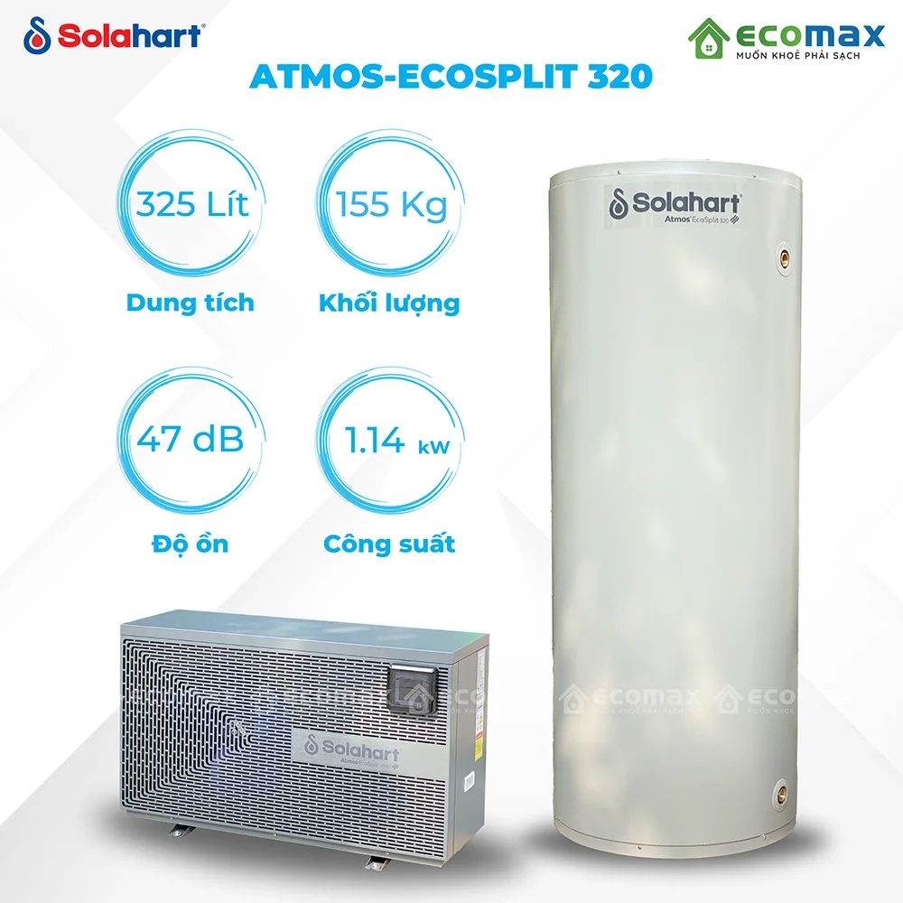 Máy bơm nhiệt Heat Pump Solahart 325 Lít Atmos Eco Split 5kW 10 Máy bơm nhiệt Solahart Atmos Eco Split 325 lít gồm bình chứa và cục bơm nhiệt, độ ồn 47 dB, công suất điện 1,14 kW