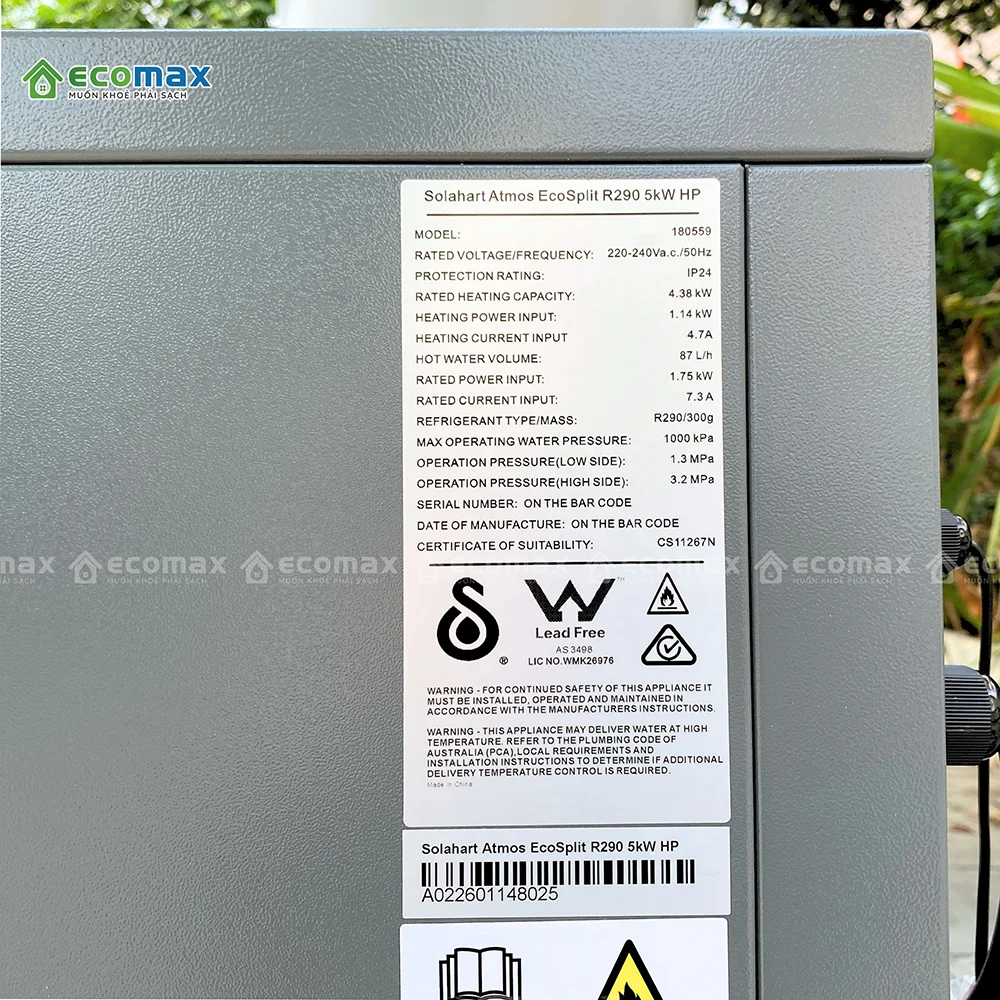 Máy bơm nhiệt Heat Pump Solahart 325 Lít Atmos Eco Split 5kW 15 Tem thông số kỹ thuật trên cục bơm nhiệt Solahart Atmos EcoSplit R290 5kW